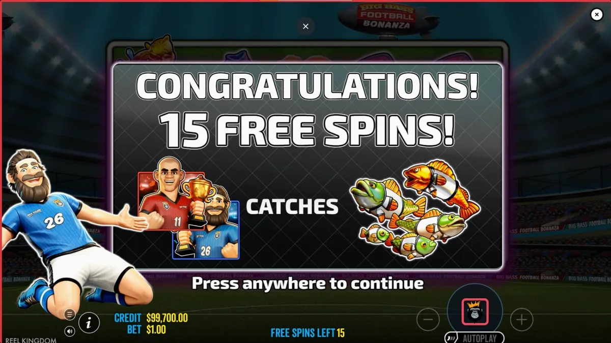Tampilan visual slot Big Bass Football Bonanza dengan tema stadion sepak bola dan elemen memancing.
